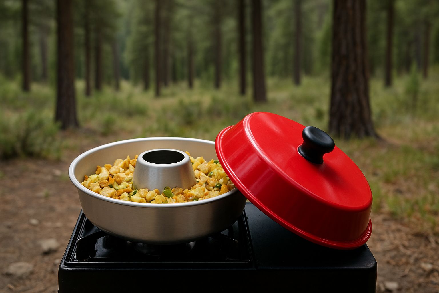 Omnia oven cooking outdoors on a portable gas stove with mountain backdrop