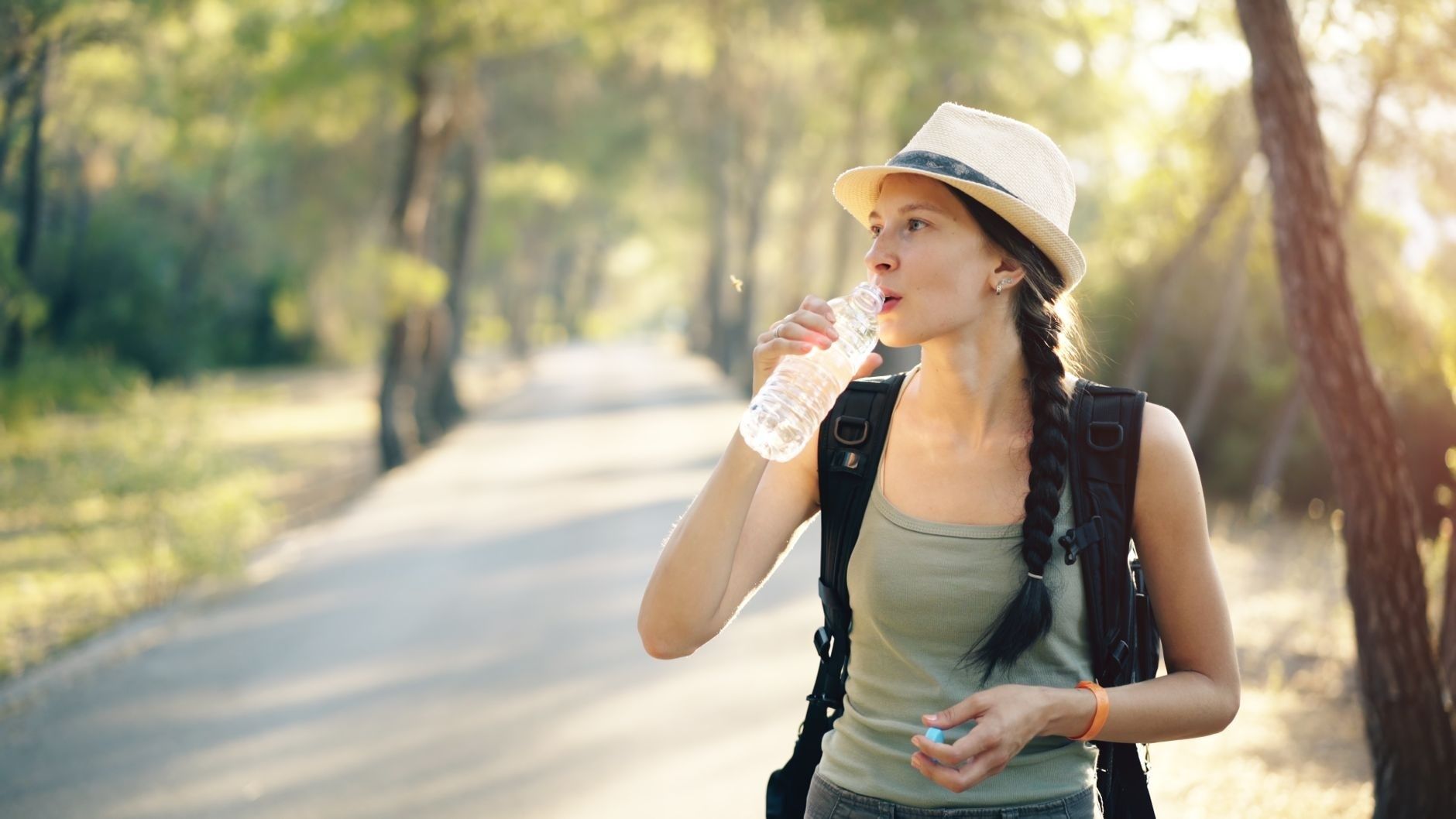 Hiker drinking bottled water on a sunlit wooded trail
